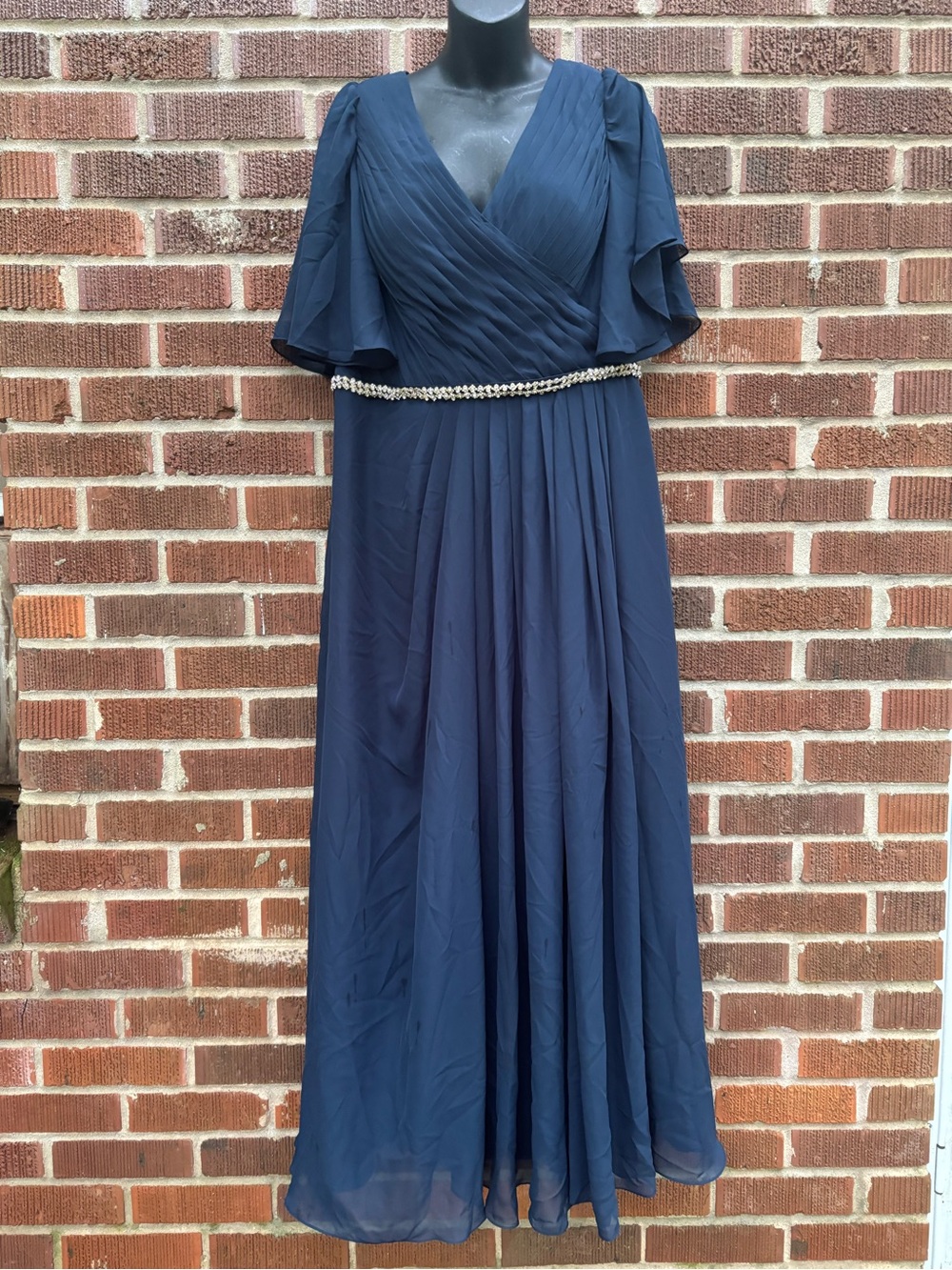 JJ's House maxi dress navy blue V-neckline flutter sleeves beaded belt 14 NEW